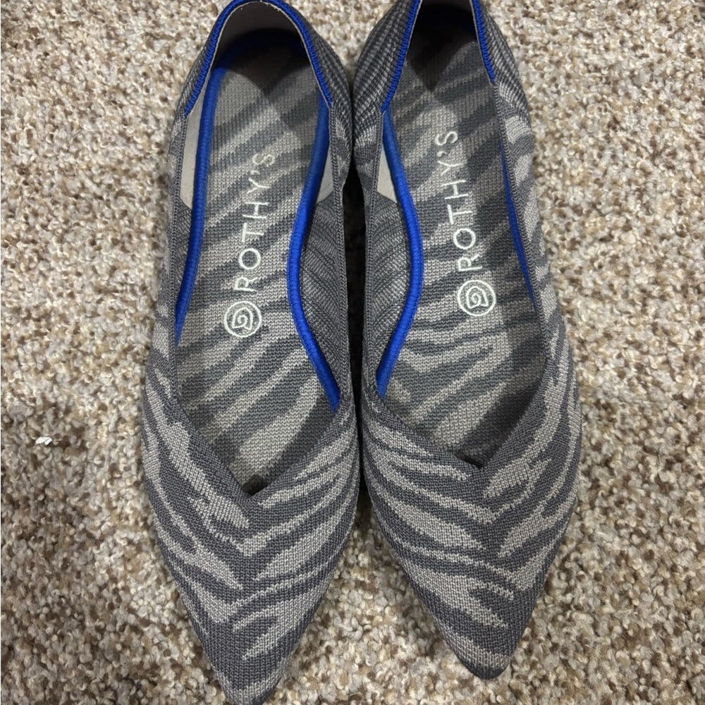 Rothy's Gray Flats with Zebra Print and Blue Trim